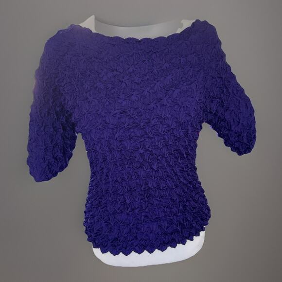 Vtg F C Purple Crinkle Pleated Stretch Top 3/4 Sleeve One Size Most Boho Chic - Picture 2 of 4